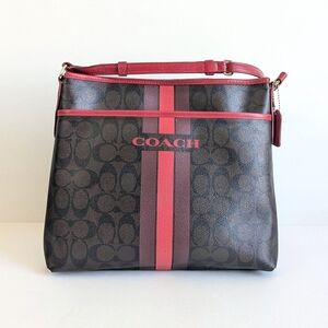 Coach Signature Horseshoe Varsity Stripe Crossbody Bag Coated PVC Brown Red
